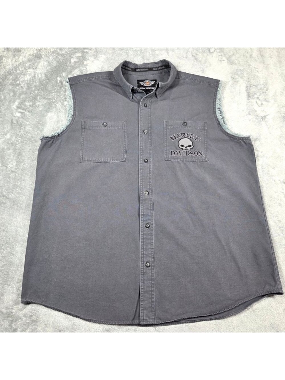 Harley Davidson Shirt Mens XXL Gray Sleeveless Skull Button Down Cut Off Vest